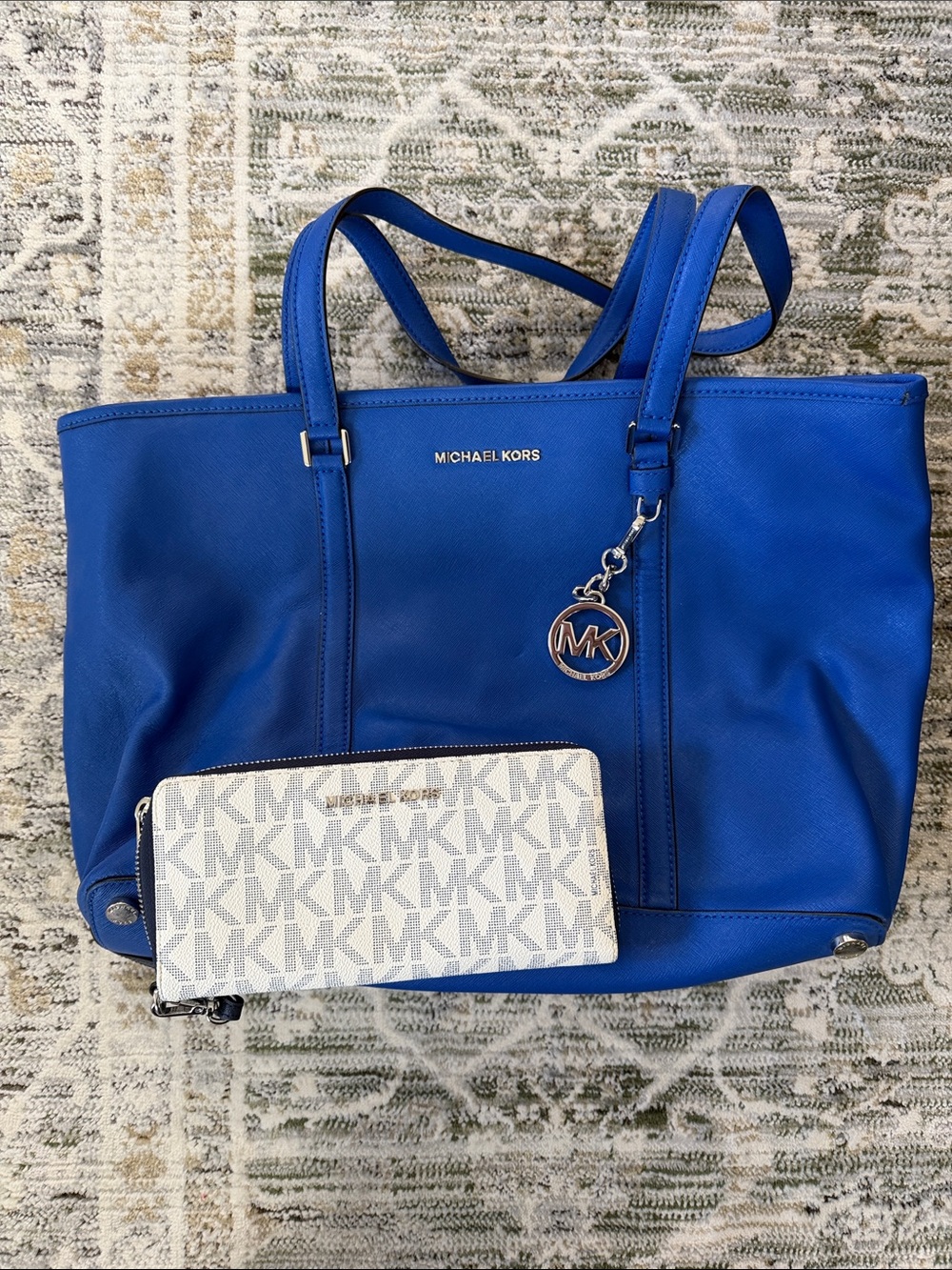 Michael Kors Cobalt Blue Leather Tote with MK Charm and Monogram Wristlet